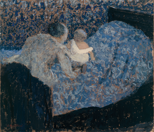 Grand-mère et enfant au lit bleu